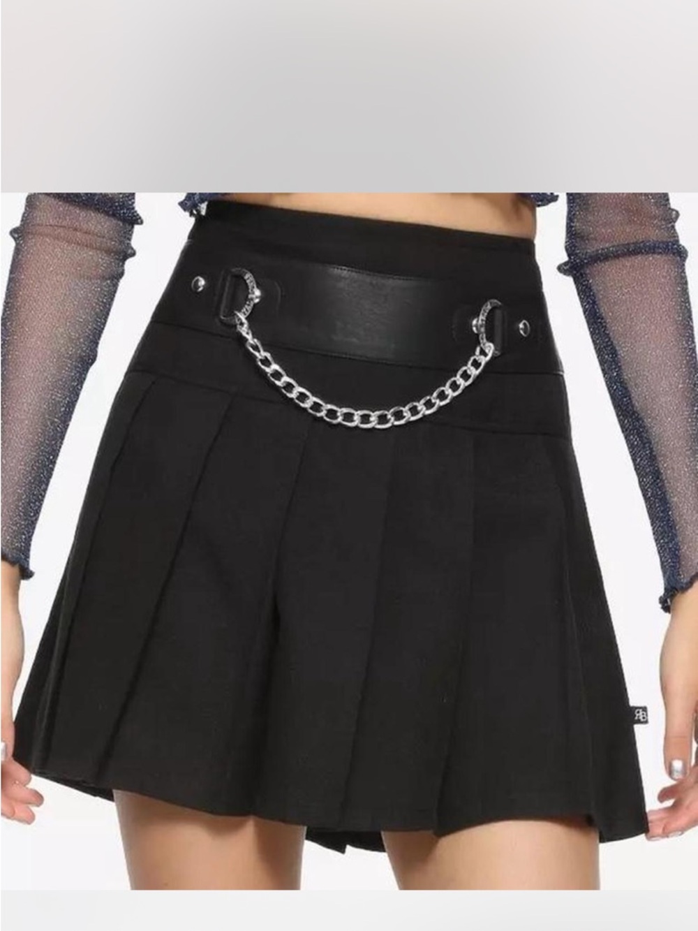 Royal Bones Black Pleated Mini Skirt with Silver Chain